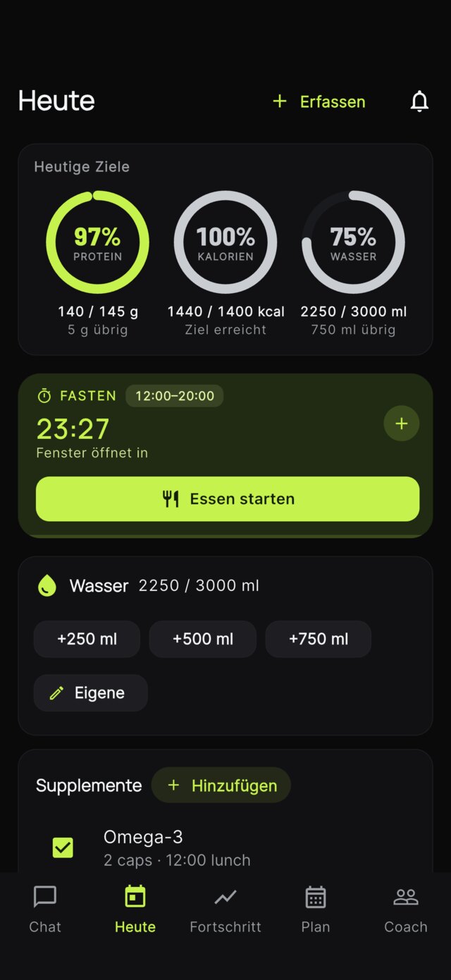 Dein Tag auf einen Blick — Protein, Kalorien, Wasser.