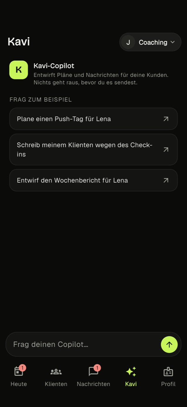 Der Kavi-Copilot in der Coach-App mit Beispielaufgaben