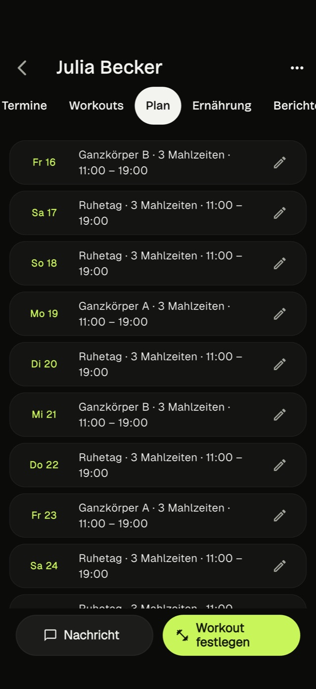 Der Plan einer Klientin in der Kavi-Coach-App, Tag für Tag