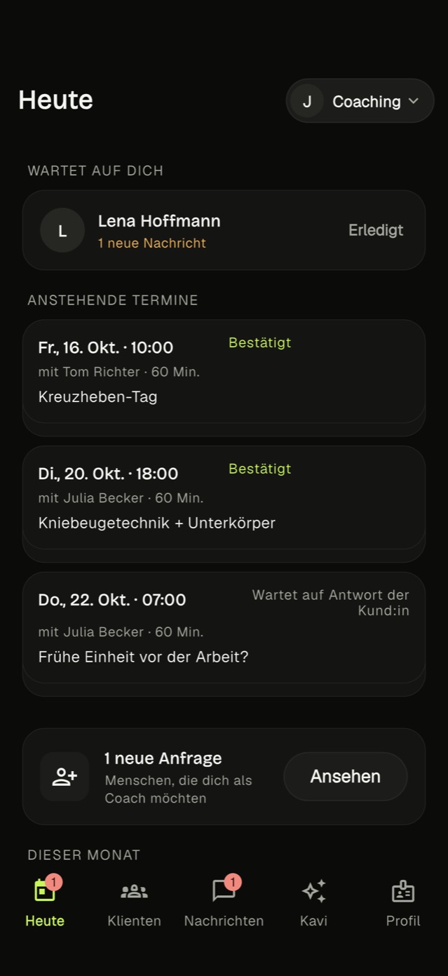 Der Heute-Bildschirm der Kavi-Coach-App mit einer Nachricht, anstehenden Terminen und einer neuen Anfrage