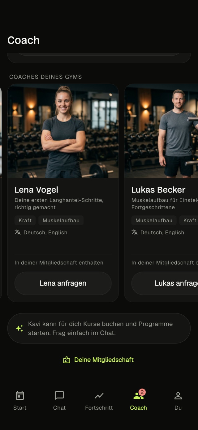 Die Coach-Reihe eines Gyms in der Kavi-App mit Fotos