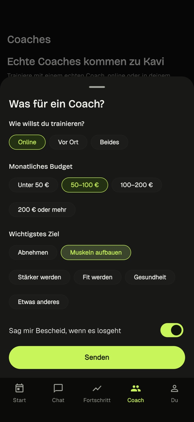 Kavi sagen, was für einen Coach du willst: online oder vor Ort, Budget und Ziel