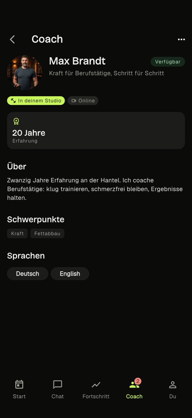 Ein Coach-Profil, wie Mitglieder es in der Kavi-App sehen