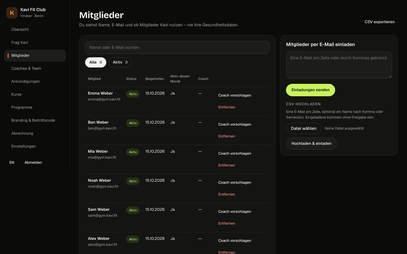 Mitgliederliste der Kavi-Gym-Konsole mit Einladung per E-Mail