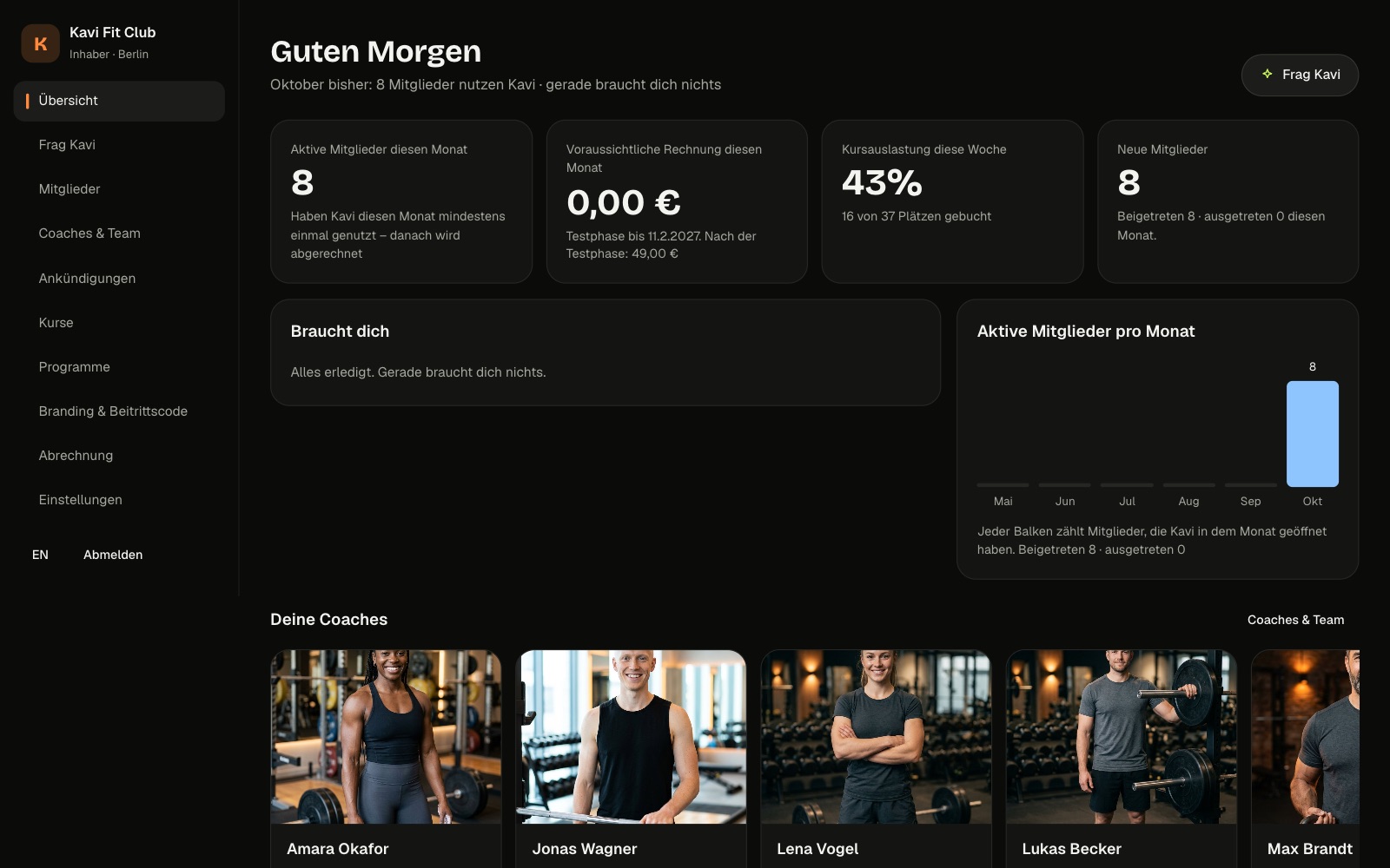 Übersicht der Kavi-Gym-Konsole mit Mitgliedern, Rechnung, Kursauslastung und Coaches