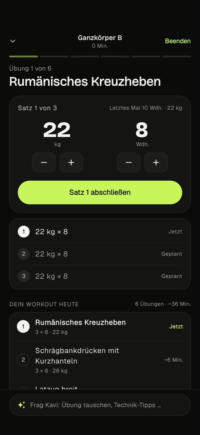 Ein geführtes Kavi-Workout: Rumänisches Kreuzheben, Satz 1 von 3, mit Wiederholungen und den nächsten Sätzen