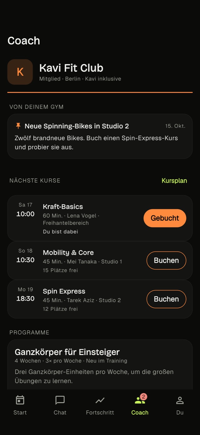 Ein Gym in der Kavi-App: Kopfzeile mit Logo, eine Ankündigung und die nächsten Kurse