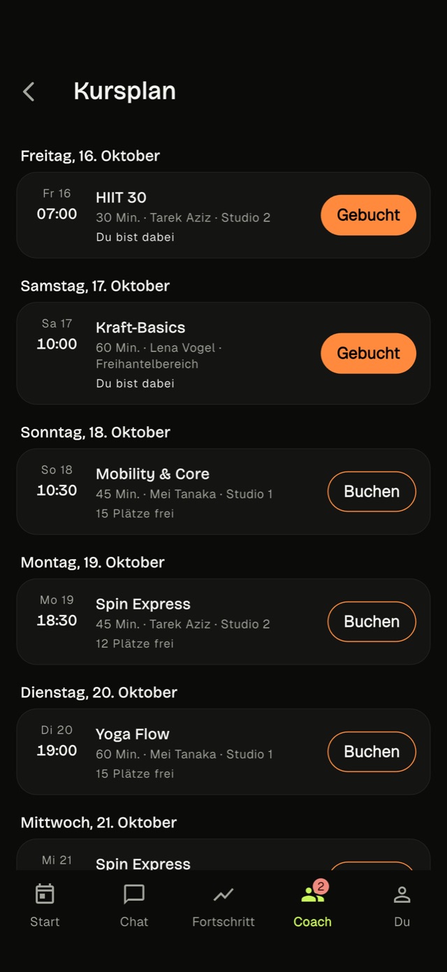 Ein Kursplan in der Kavi-App mit Buchen-Knöpfen