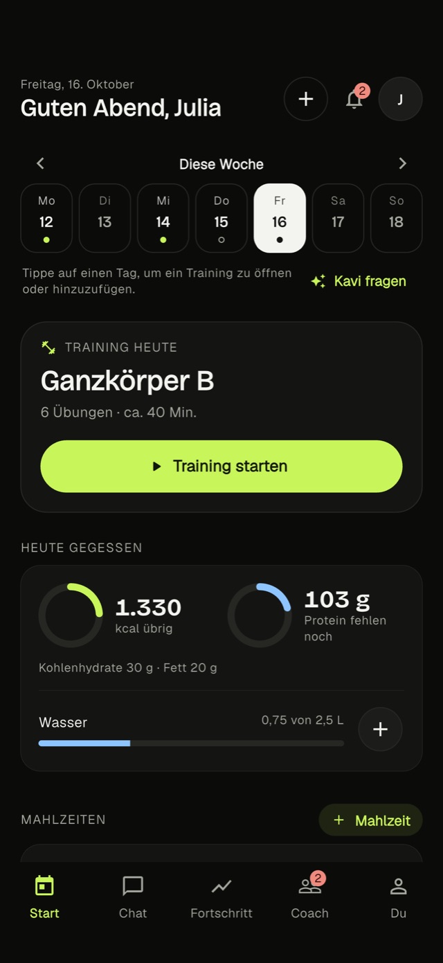Kavi-Start: heutiges Workout, übrige Kalorien und Protein, Wasser und Mahlzeiten