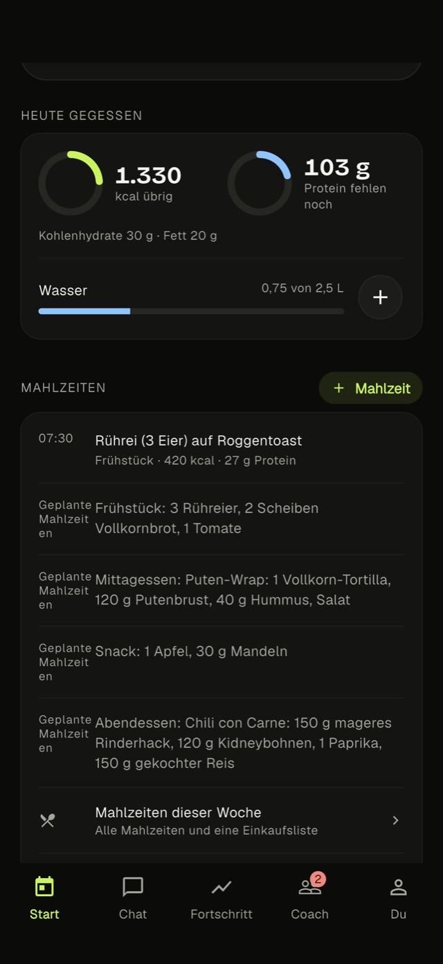Heute-Ansicht mit Protein-, Kalorien- und Wasserzielen