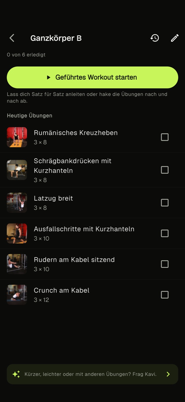Heutiges Workout mit Übungen und Start-Button für das geführte Training
