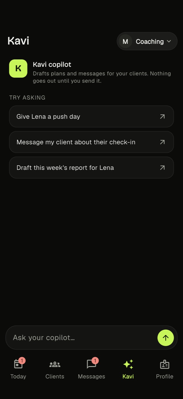 Kavi copilot in the coach app with example tasks