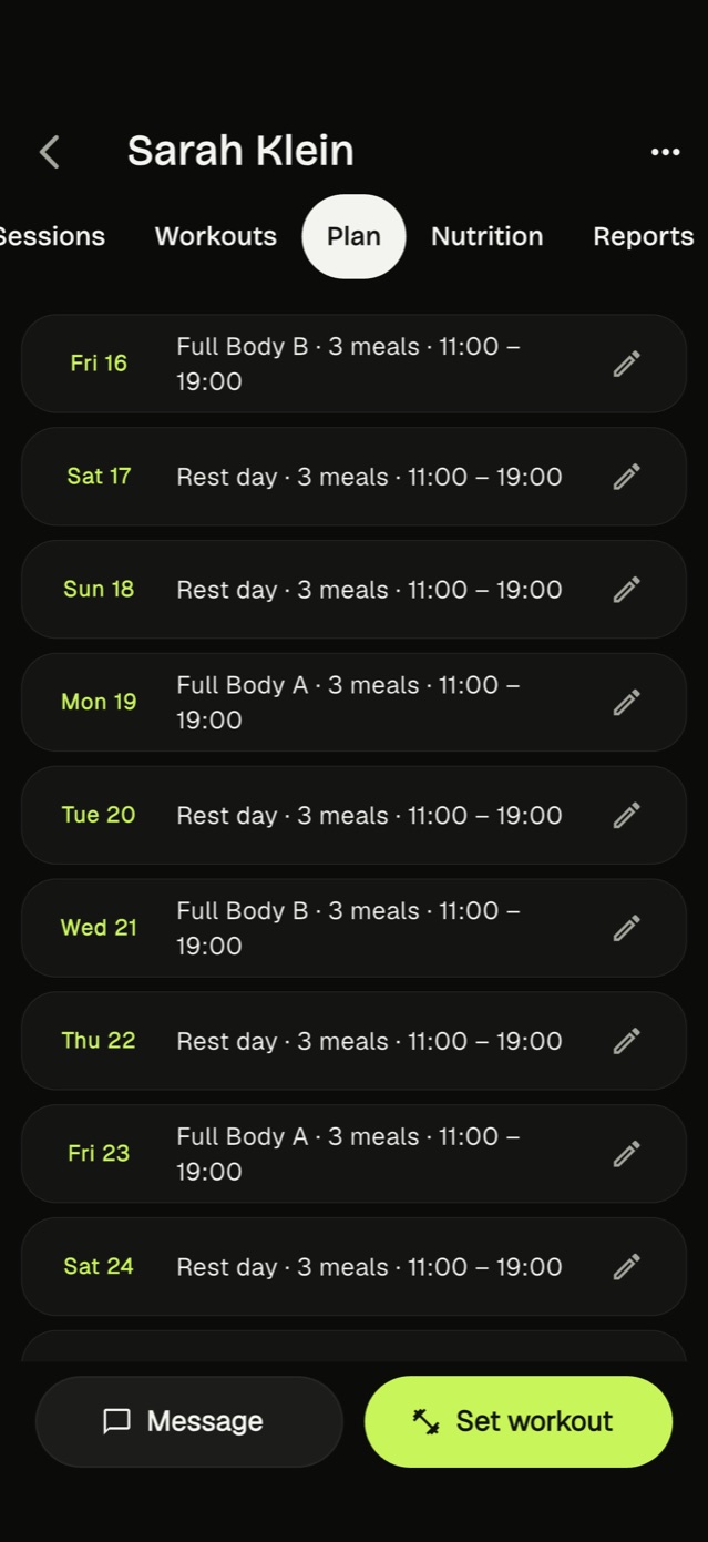 A client’s plan in the Kavi coach app, day by day
