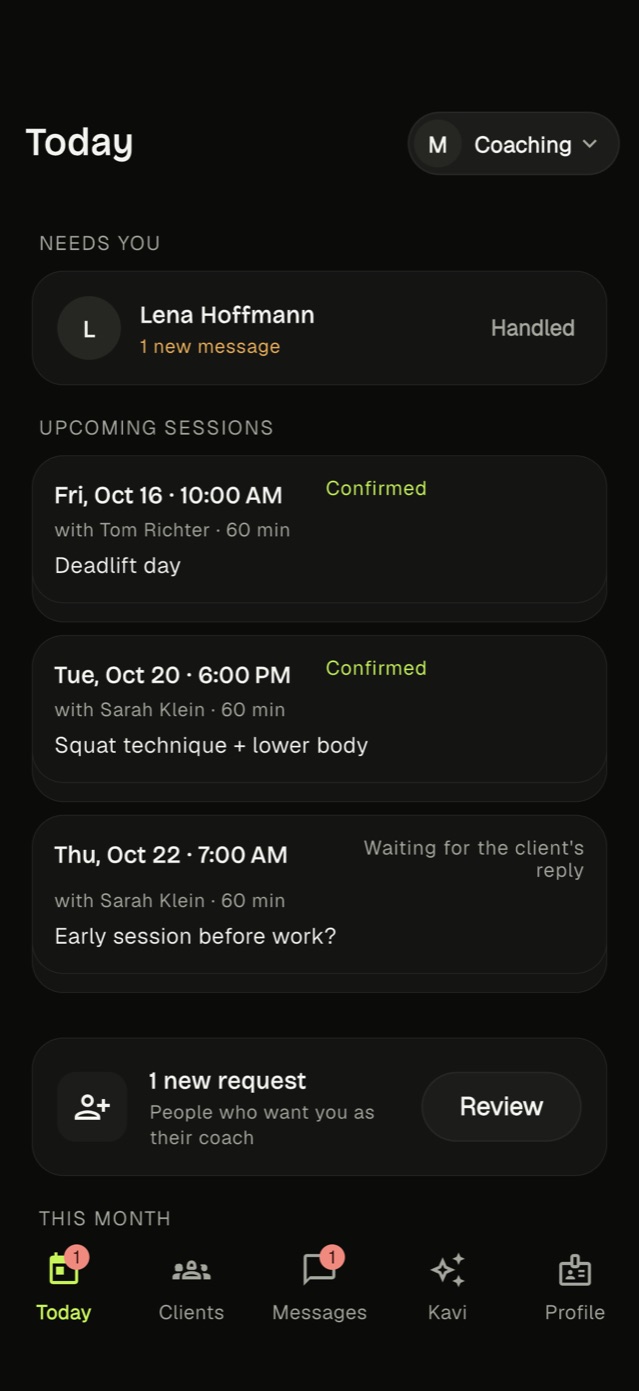 The Kavi coach app Today screen with a client message, upcoming sessions and a new request