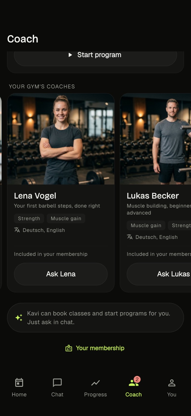The gym coaches row in the Kavi app with coach photos
