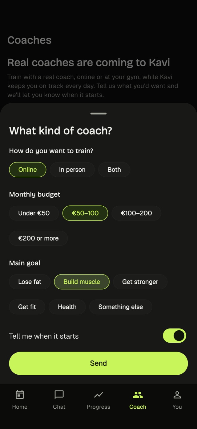 Telling Kavi what kind of coach you want: online or in person, budget and goal