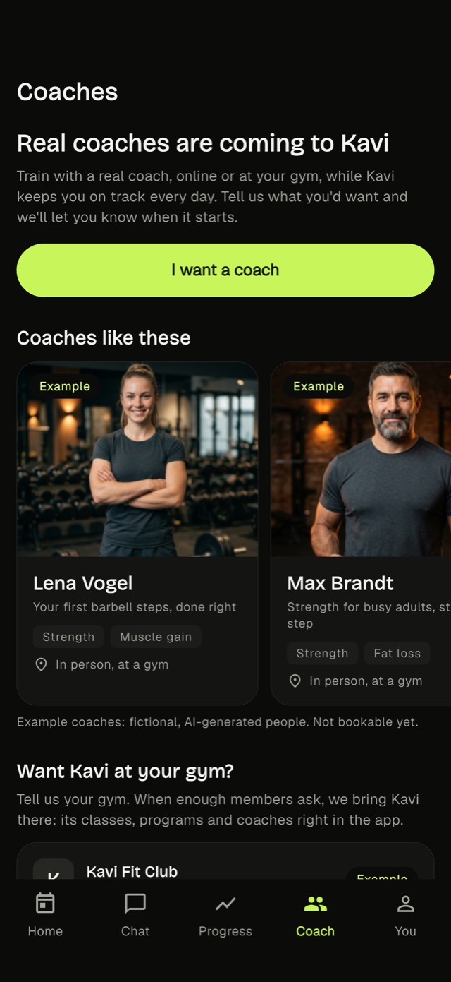 Kavi’s Coach tab: real coaches coming soon