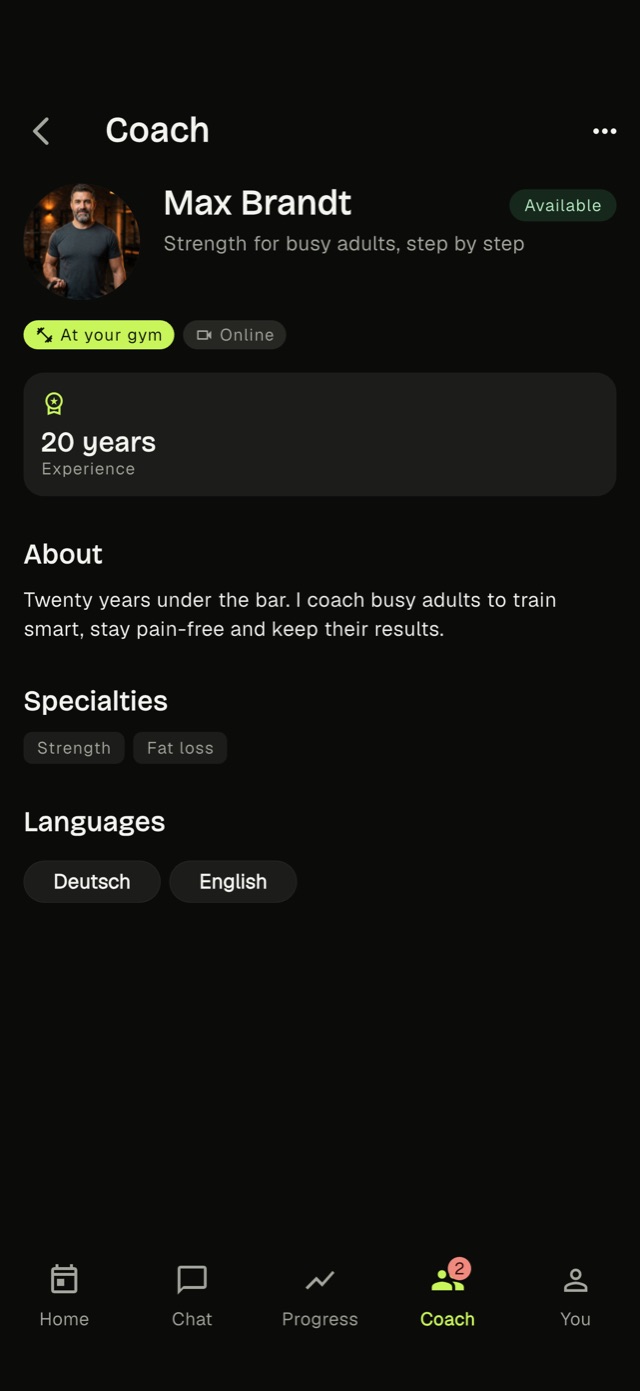 A coach profile as members see it in the Kavi app