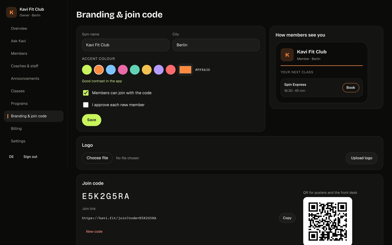 Kavi gym console branding with accent colour, logo, join code and QR code