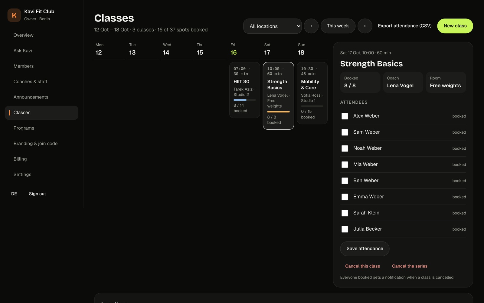 Kavi gym console class calendar with a class and its attendee list