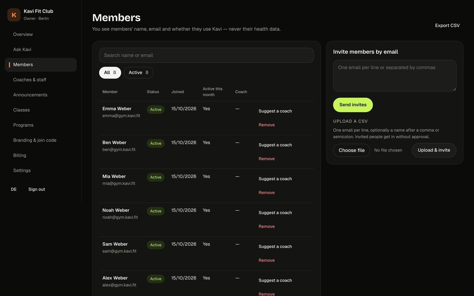 Kavi gym console member list with invite by email