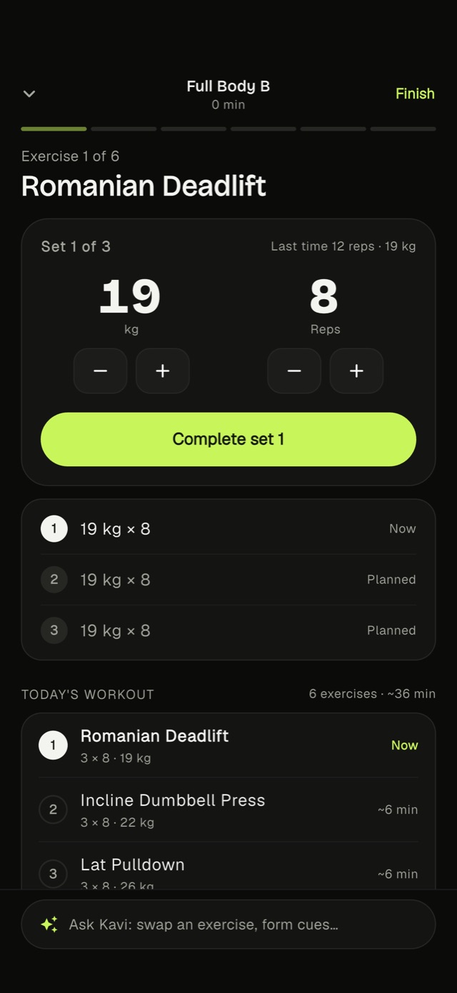 A guided Kavi workout: Romanian deadlift, set 1 of 3, with reps and the next sets