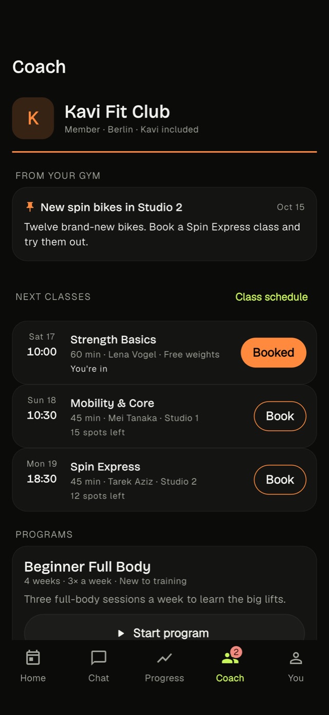 A gym inside the Kavi app: header with logo, an announcement and the next classes