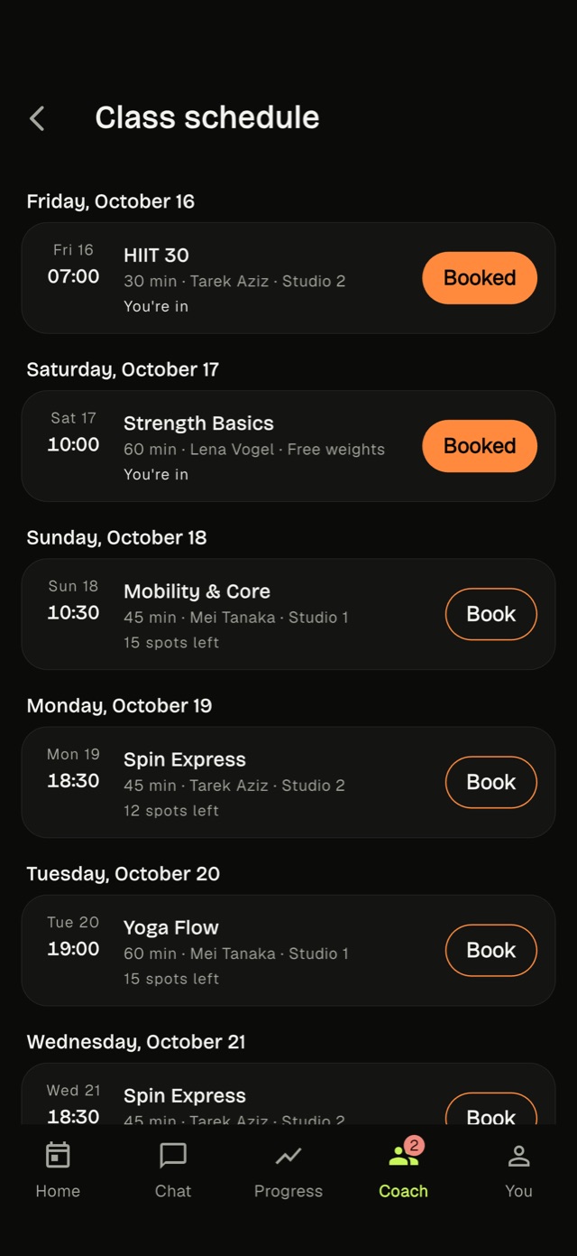 A gym class schedule in the Kavi app with Book buttons