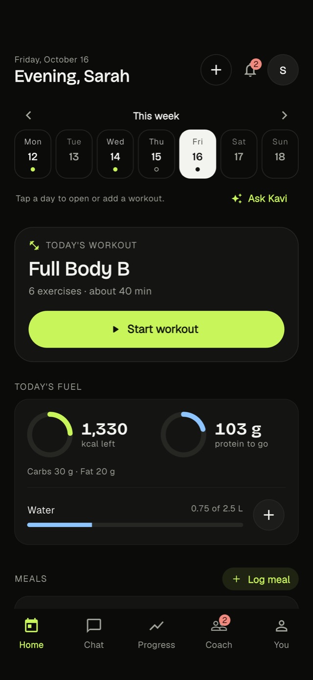 Kavi Home: today’s workout, calories and protein left, water and meals