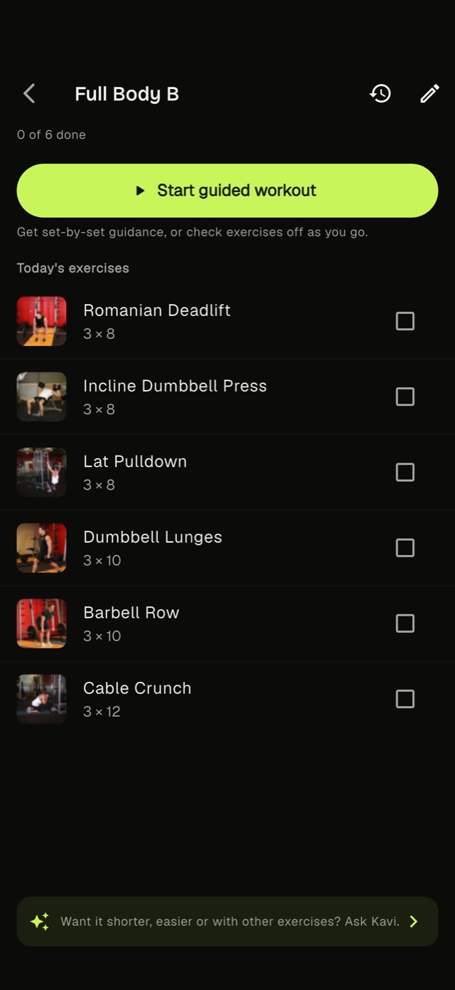 Today’s workout with exercises and a Start guided workout button